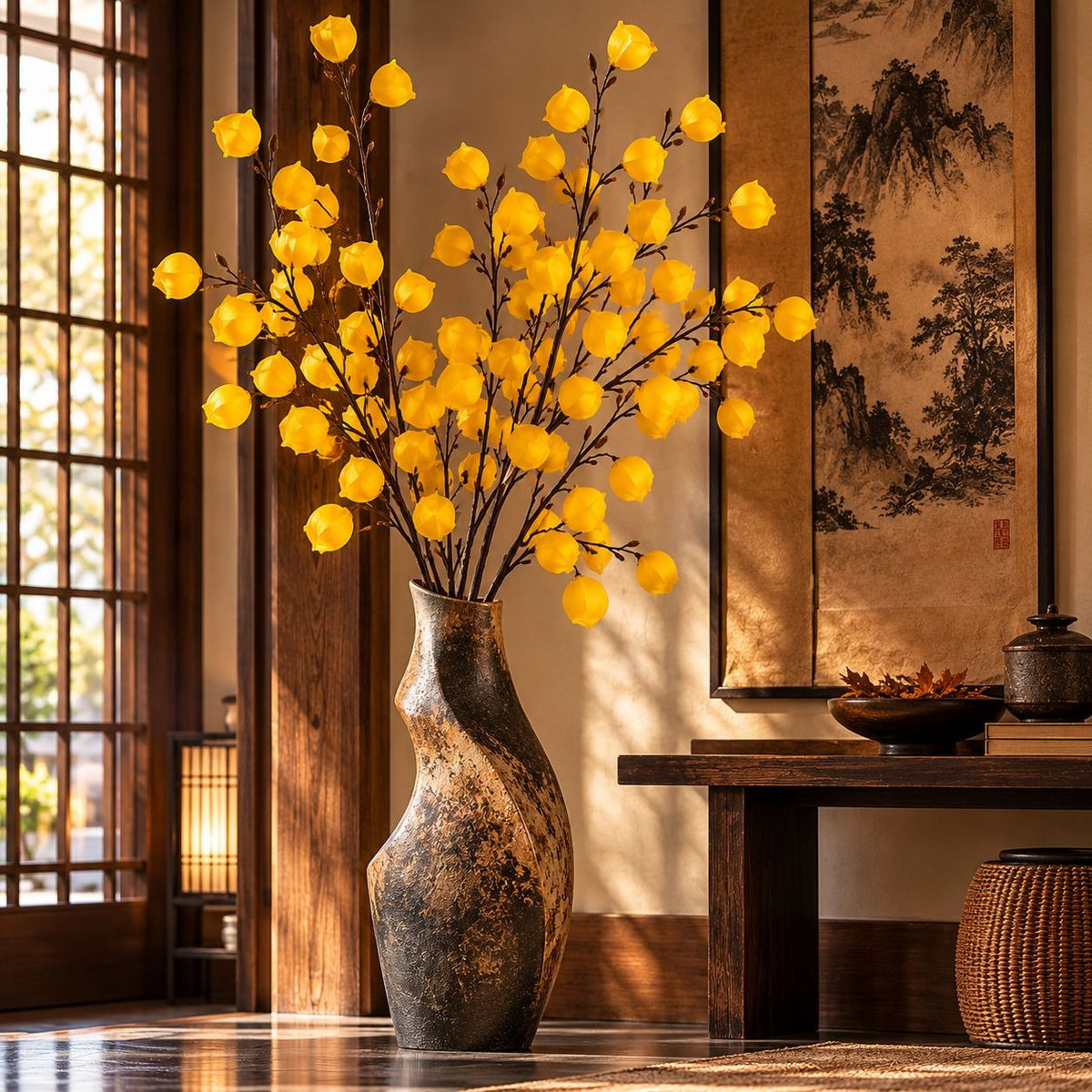 A decorative artificial flowering branch arrangement with many round yellow blossoms on dark branches, displayed in a tall textured vase inside a styled room with wooden furniture, a window, and a hanging scroll.