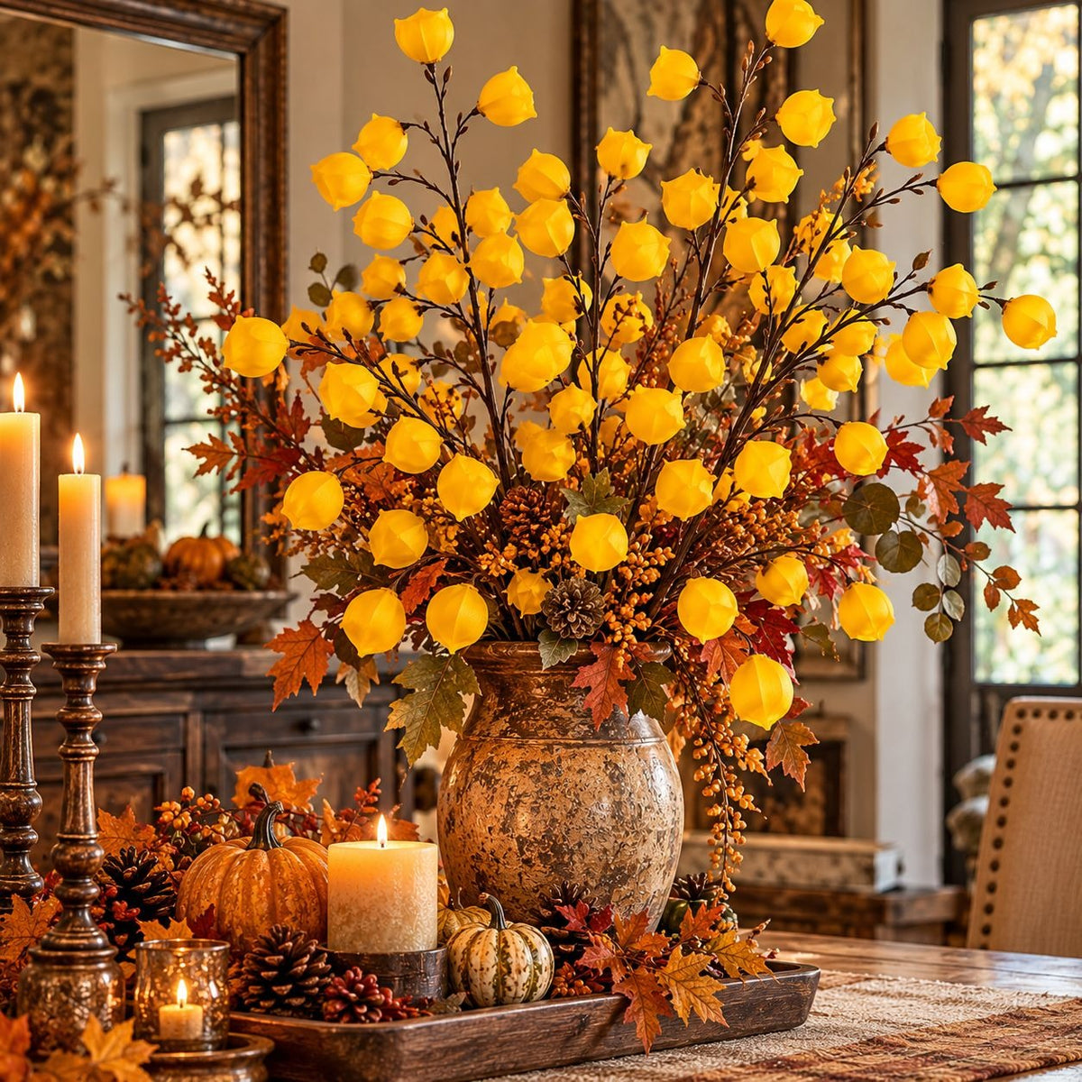 A large autumn floral arrangement in a rustic ceramic vase, featuring numerous bright yellow pom-pom flowers, orange and red leaves, and small berries, displayed on a table in a warmly lit dining room with candles and pumpkins.