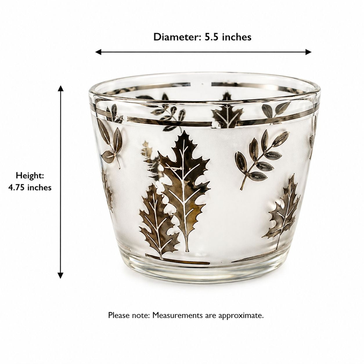 Glass container with leaf patterns and measurements on a white background