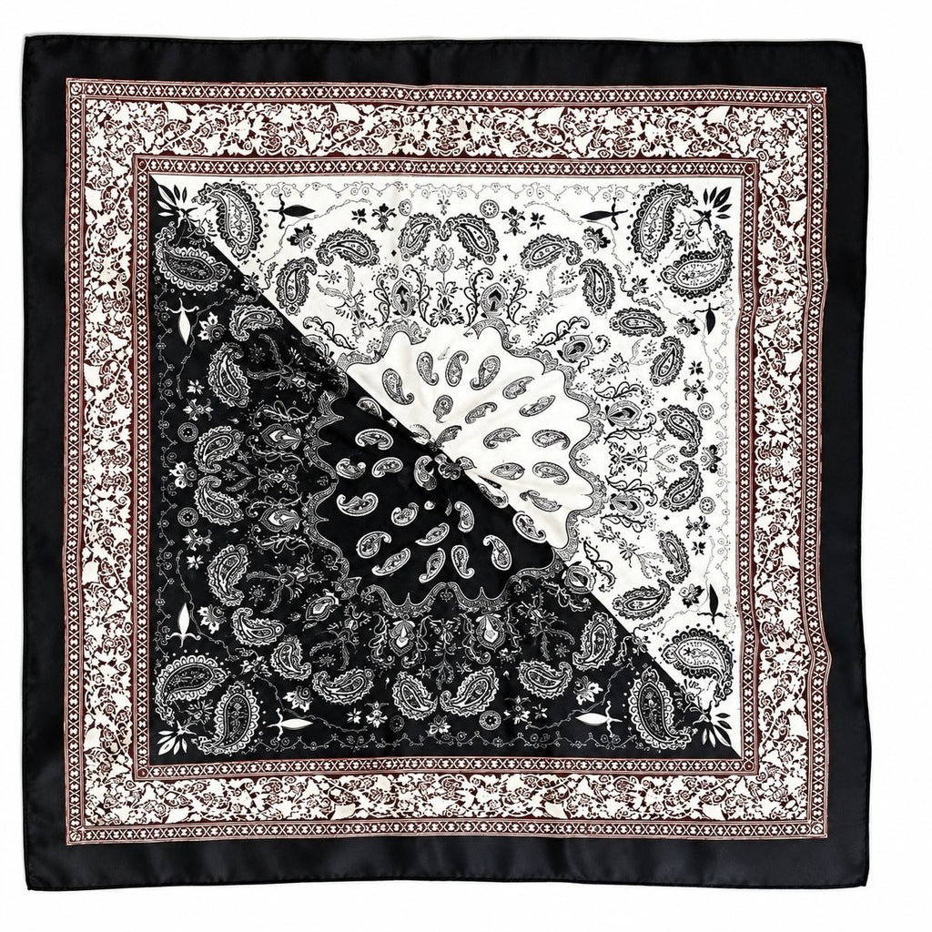 Womens Satin Paisley Wild Rag Scarf Black White Brown Western Cowgirl Hair Neck Scarf 35x35