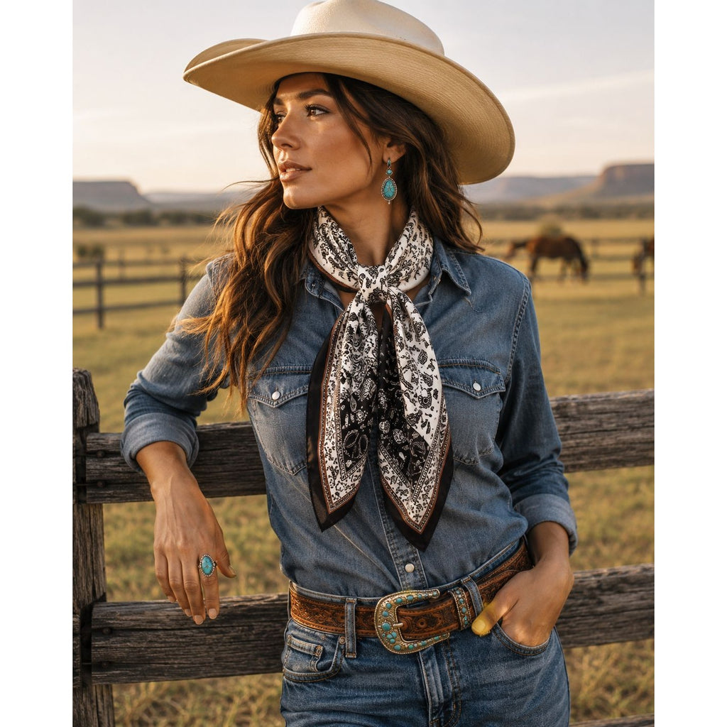 Womens Satin Paisley Wild Rag Scarf Black White Brown Western Cowgirl Hair Neck Scarf 35x35