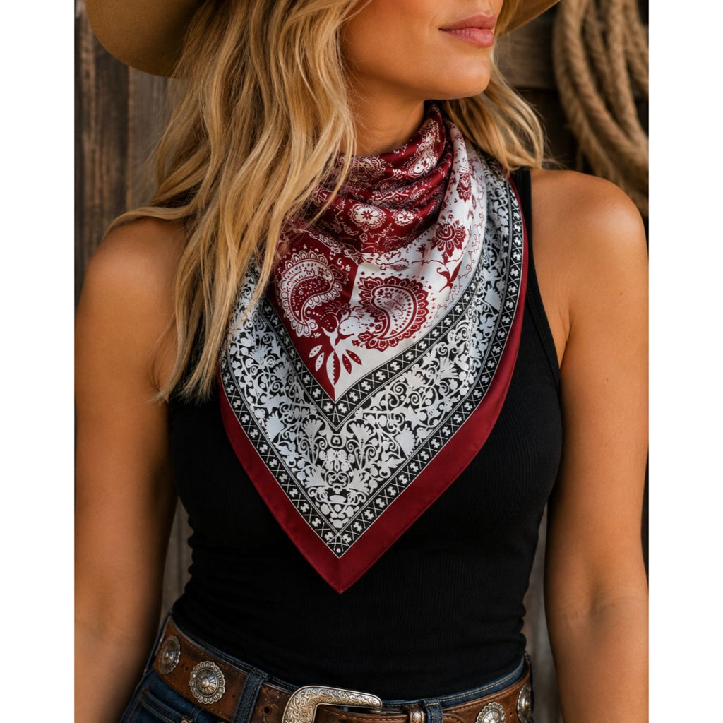 Red White Satin Wild Rag Scarf 35x35 Western Cowgirl Bandana Neck Hair Scarf