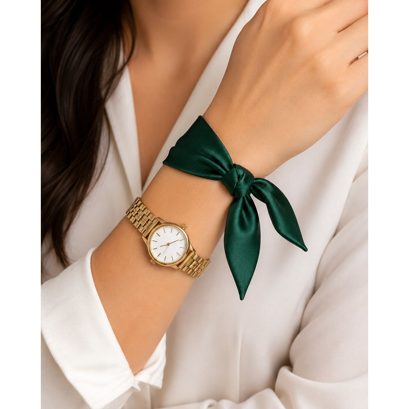 Gold watch with a green satin ribbon on a white background