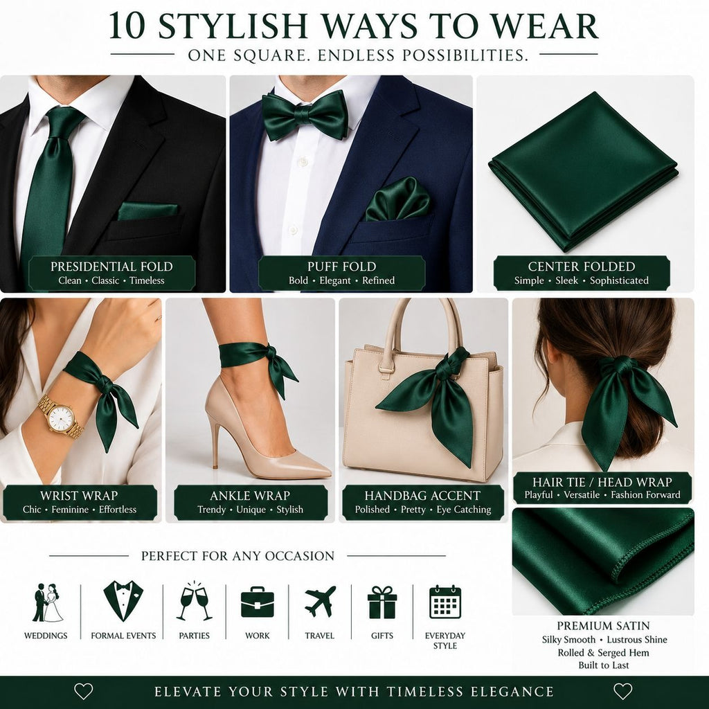 Infographic showing various stylish ways to wear green satin scarves with text and images.
