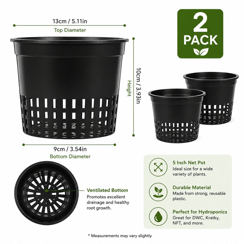 5 Inch Net Pots 2 Pack, Hydroponic Net Cups, DWC Net Pots, Mesh Plant Pots, Aquaponics Baskets, Hydroponic Grow Cups