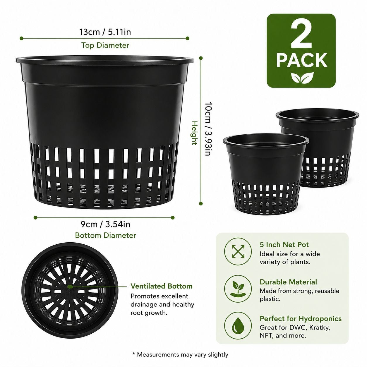 5 Inch Net Pots 2 Pack, Hydroponic Net Cups, DWC Net Pots, Mesh Plant Pots, Aquaponics Baskets, Hydroponic Grow Cups
