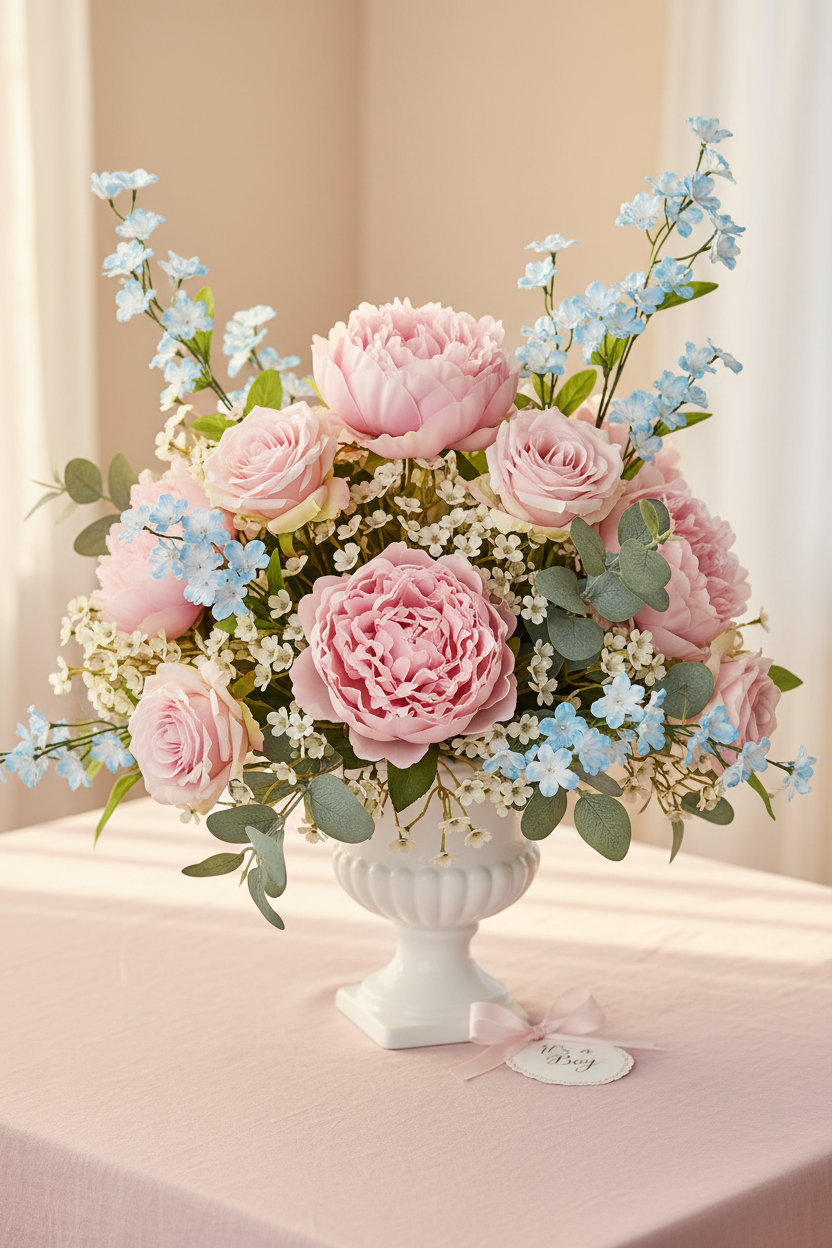 Baby Shower — White Urn, Blush Peonies, Pale Pink Roses, Blue Mini Blossom Accents