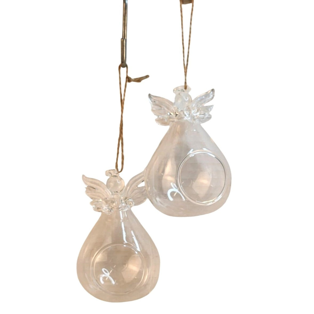 Set of 2 Glass Angel Ornaments Memorial Religious Hanging Tea Light Holder