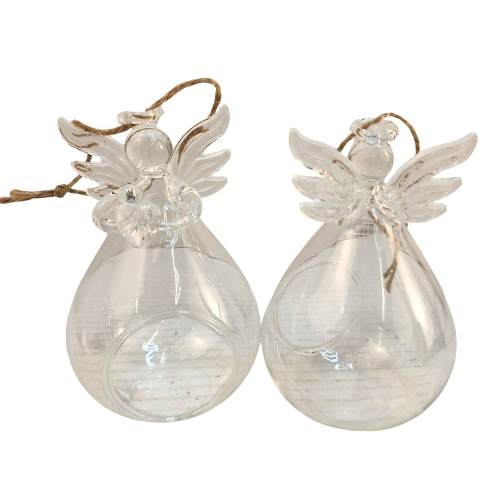Set of 2 Glass Angel Ornaments Memorial Religious Hanging Tea Light Holder