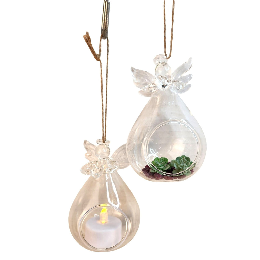 Set of 2 Glass Angel Ornaments Memorial Religious Hanging Tea Light Holder