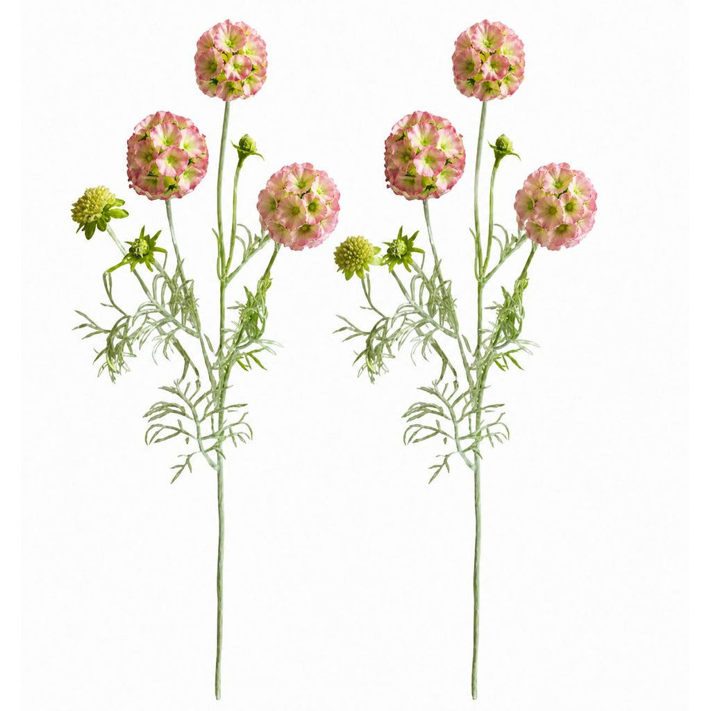 Artificial Scabiosa Flower Stems Pink Green Faux Wildflower Cottage Floral Filler 24 Inch Stem Set of 2 Vintage Inspired