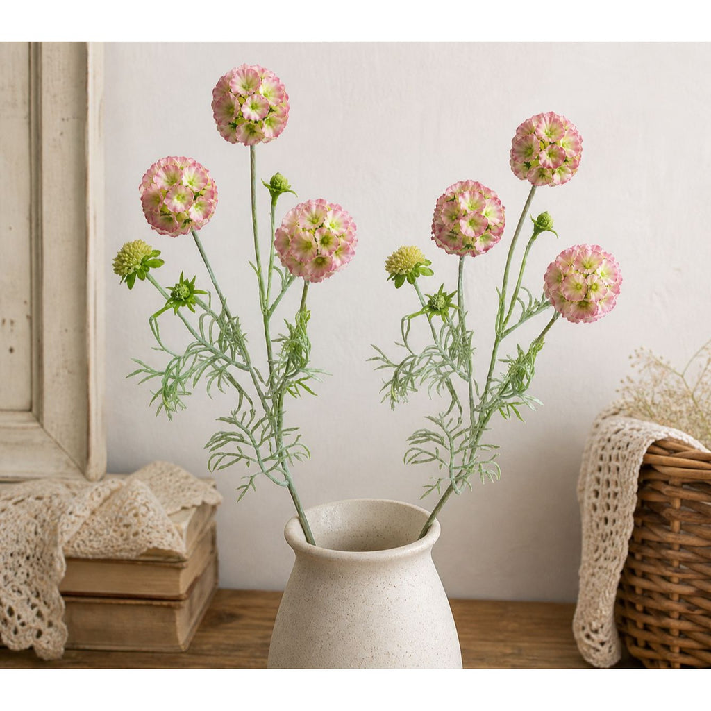 Artificial Scabiosa Flower Stems Pink Green Faux Wildflower Cottage Floral Filler 24 Inch Stem Set of 2 Vintage Inspired