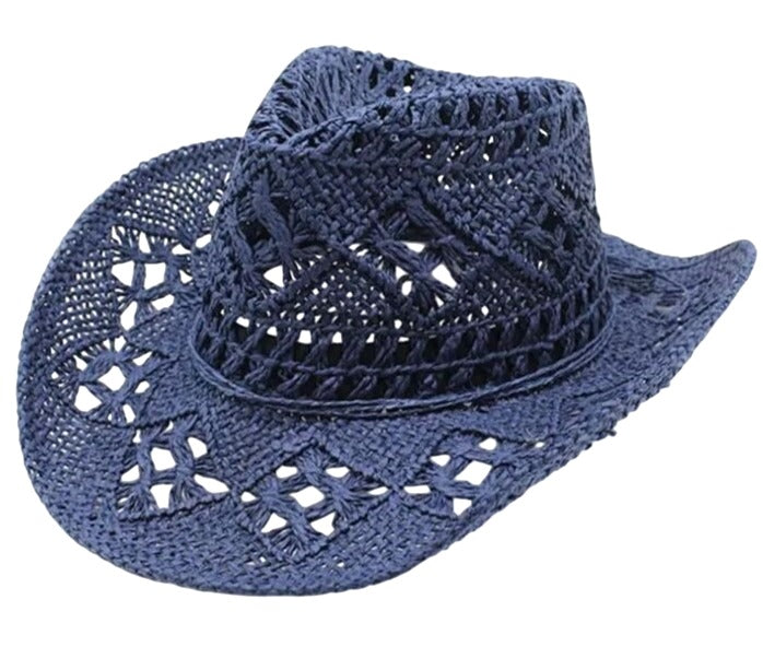 Blue Straw Cowboy Hat Rolled Brim One Size Western Cowgirl Beach