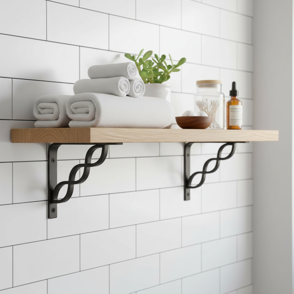 Black metal shelf brackets in bathroom with towels
