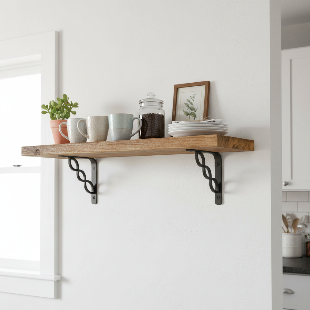 Black metal shelf brackets supporting kitchen shelf