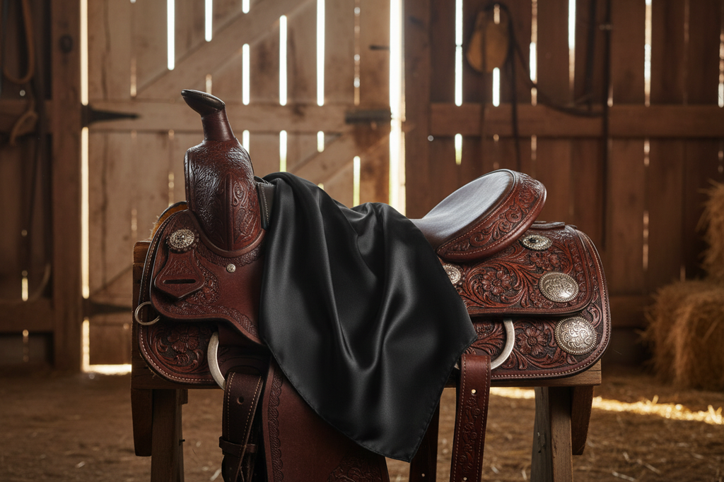 Black wild rag 23x23 draped over western saddle with tack