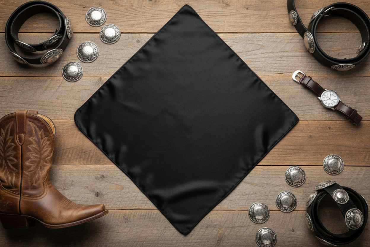 Black wild rag 23x23 laid flat in square shape with western accessories