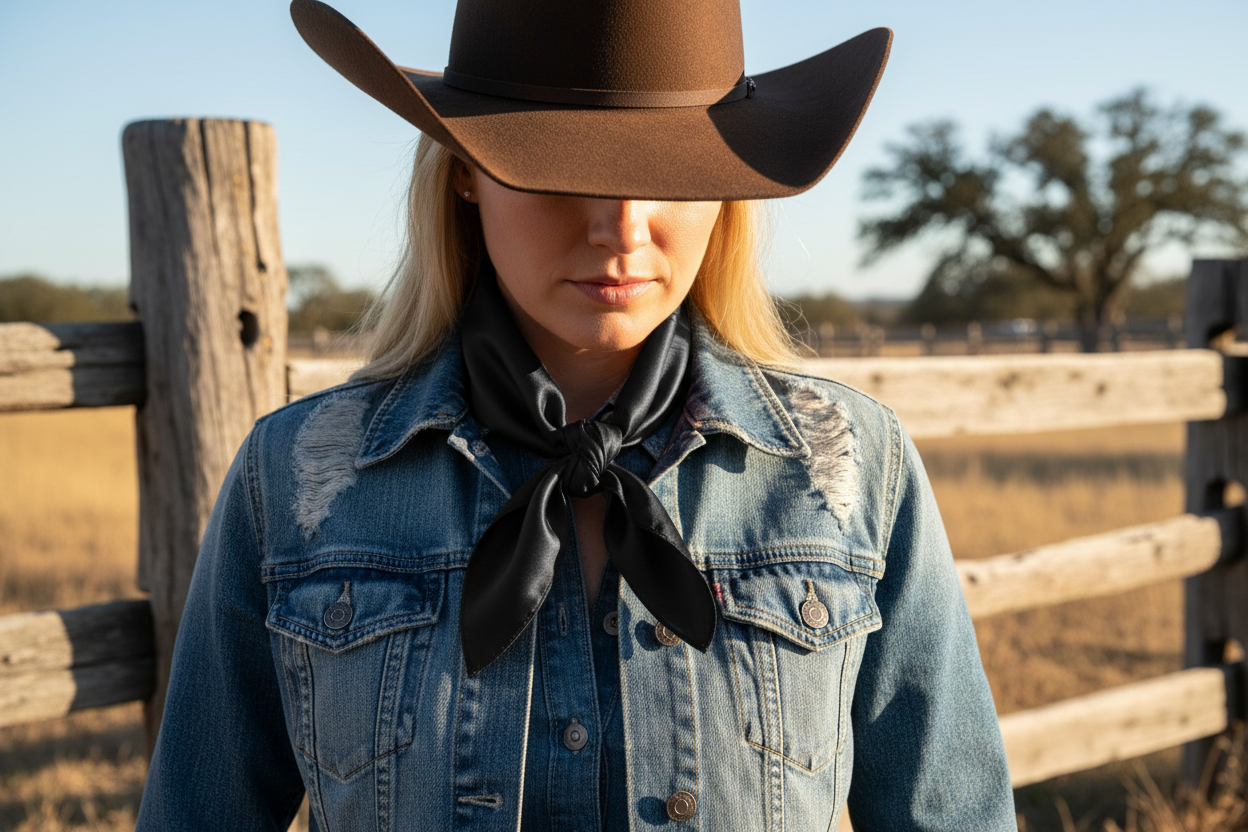 Black wild rag 23x23 scarf wrapped around cowgirl's neck