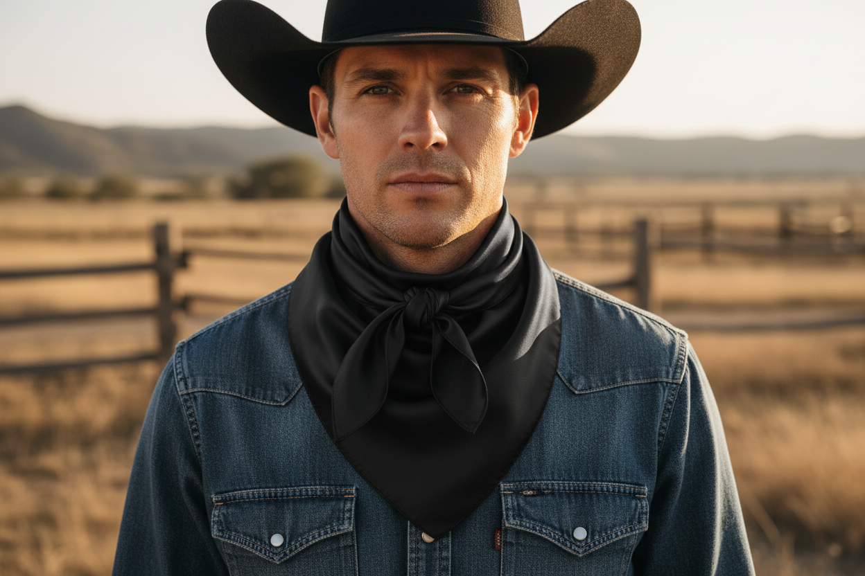 Black wild rag scarf doubled around cowboy's neck with traditional knot