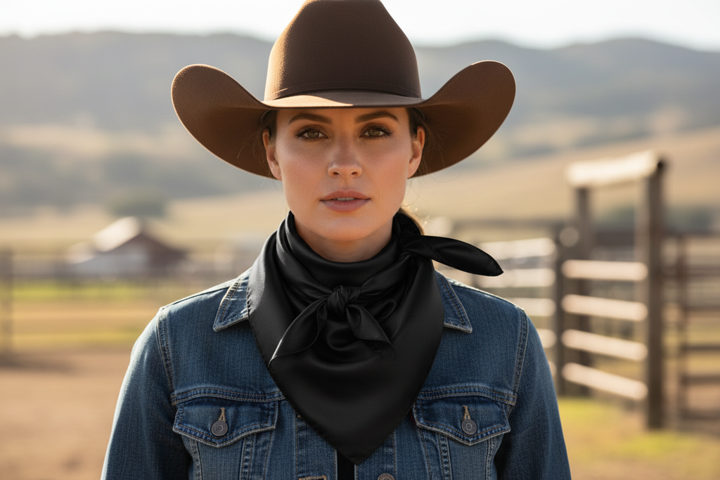 Black wild rag scarf doubled around cowgirl's neck with traditional knot
