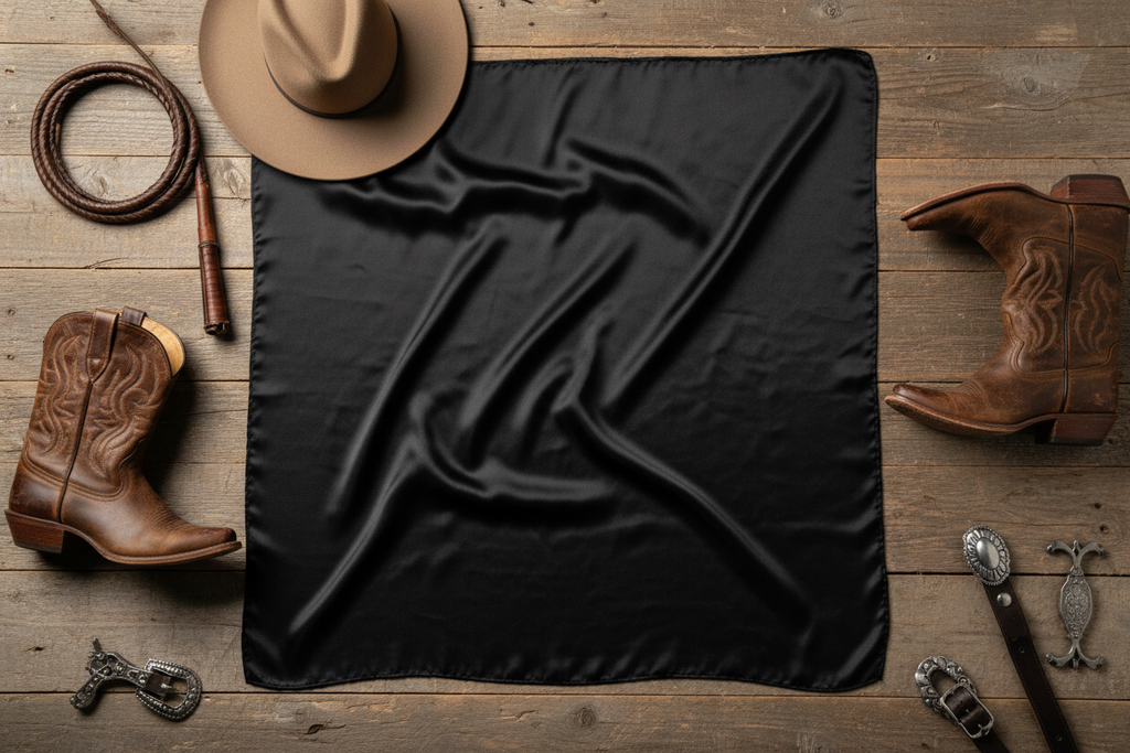 Black wild rag scarf flat lay with western accessories