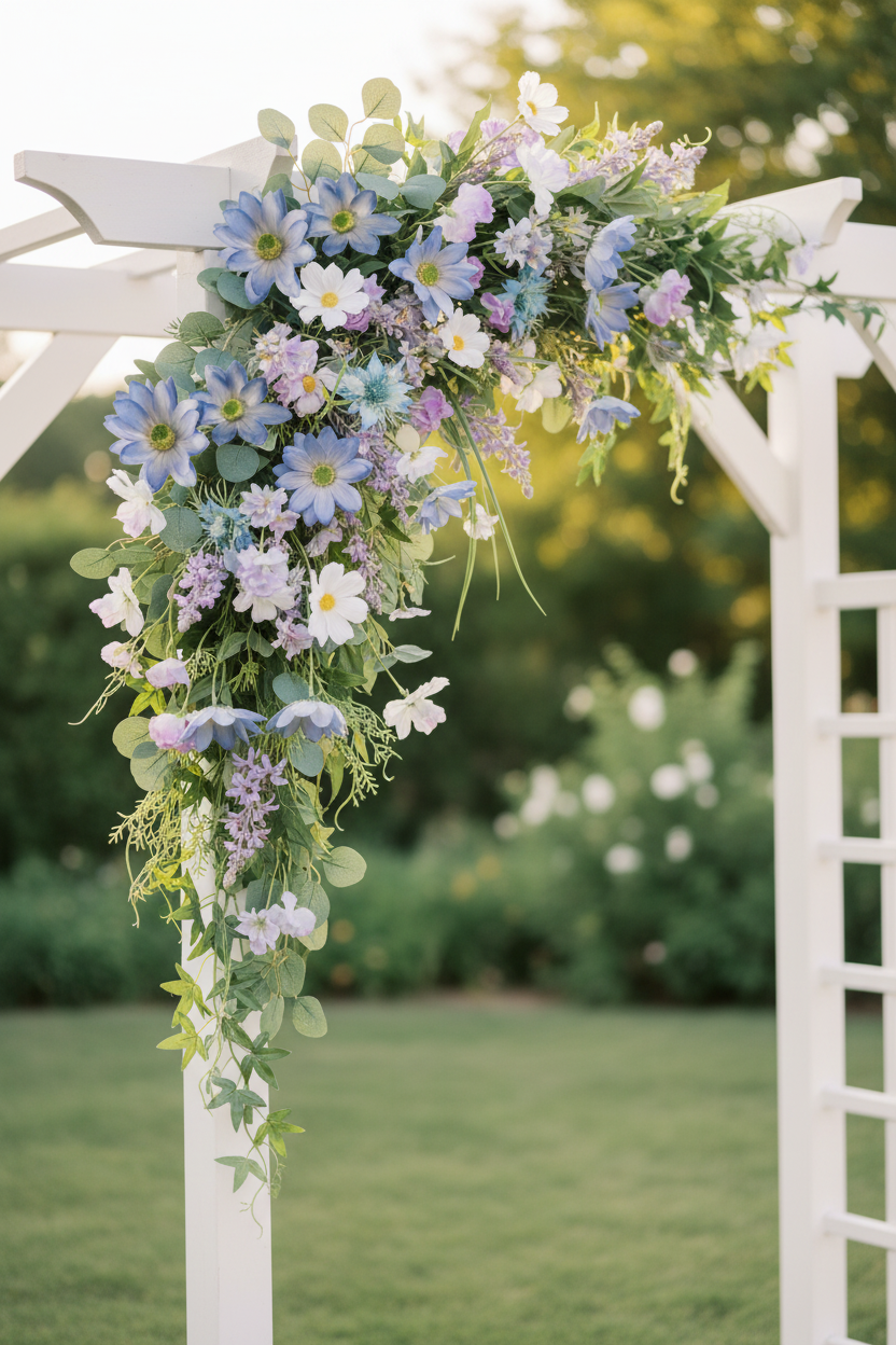 Blue Daisy Wedding Arch Swag – Periwinkle Daisy + Lavender Sweet Pea + White Cosmos + Blue Nigella + Trailing Ivy