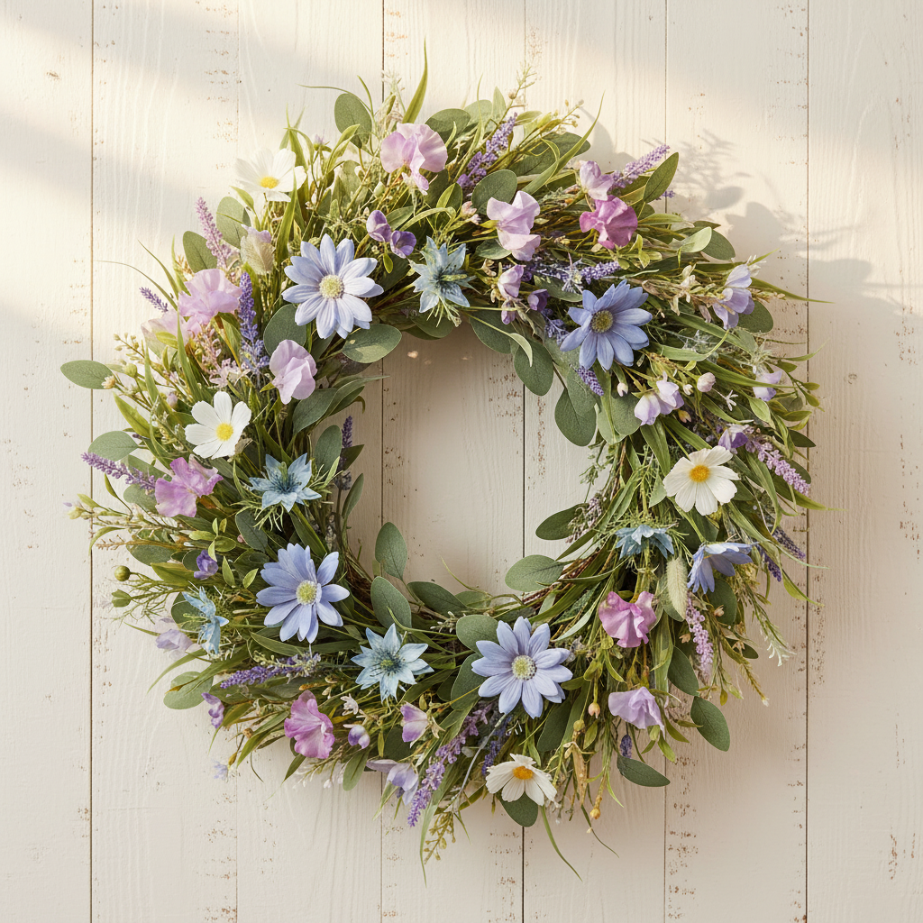 Blue Daisy Wildflower Wreath – Periwinkle Daisy + Lavender Sweet Pea + Blue Nigella + Dusty Catmint + Eucalyptus