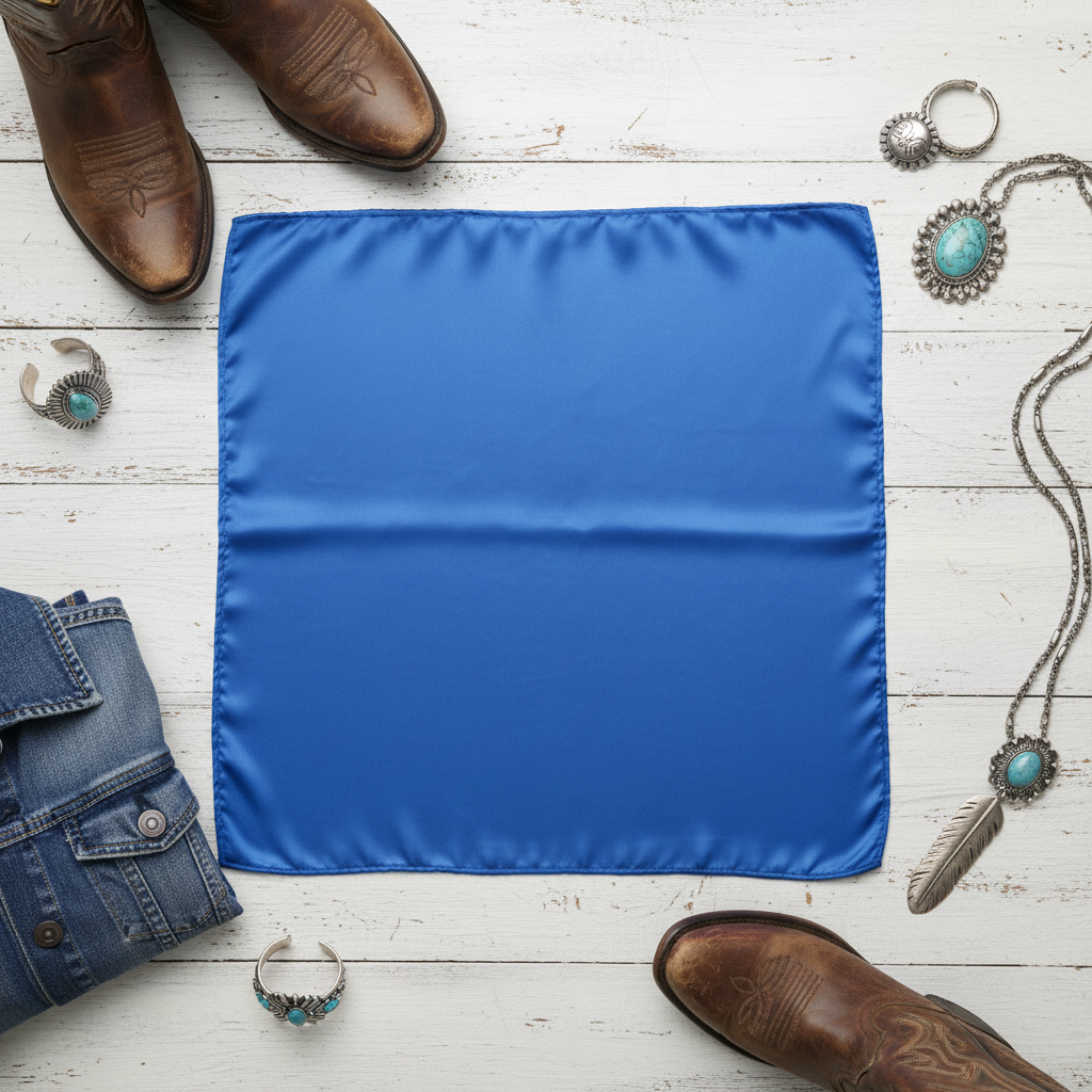Blue satin scarf 19x19 flat lay with western accessories