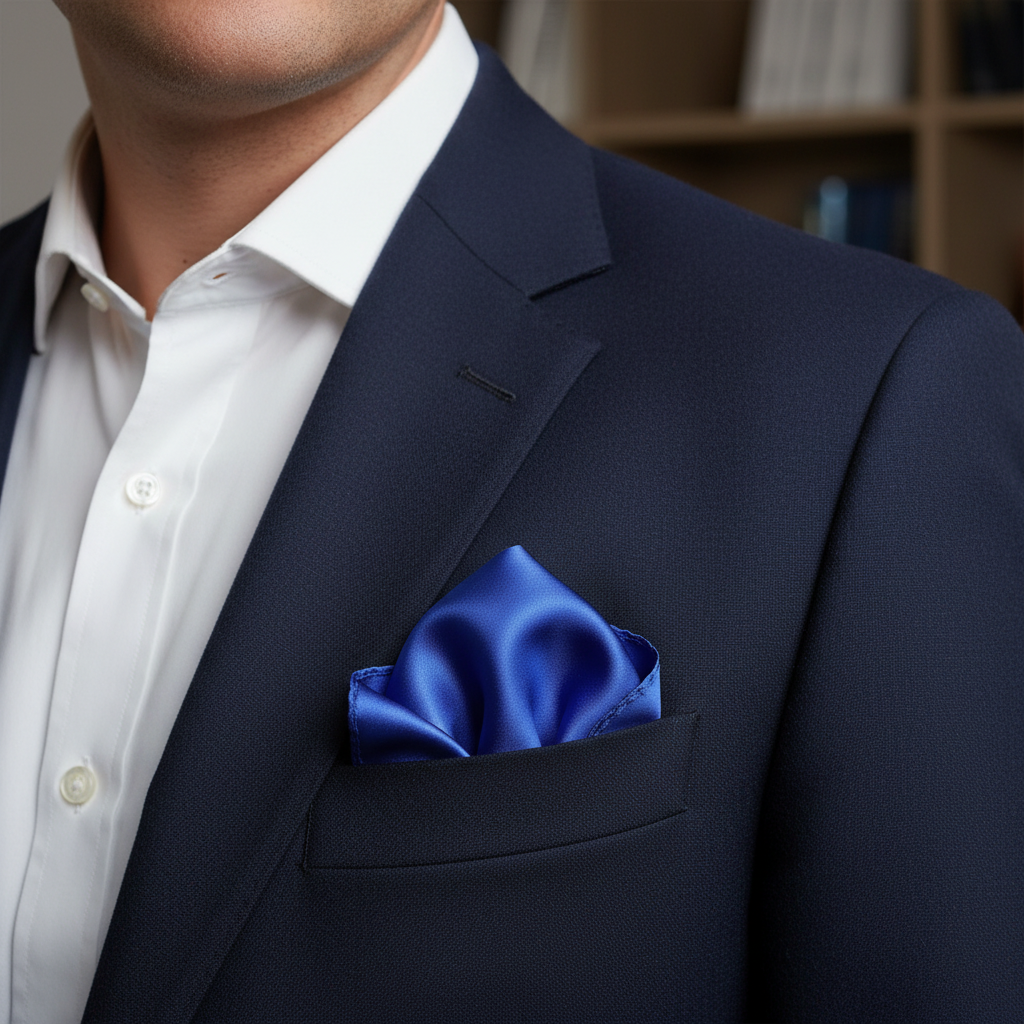 Blue satin scarf 19x19 folded as pocket square in blazer