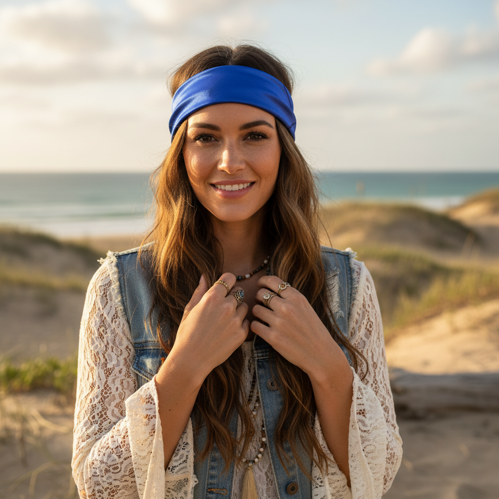Blue satin scarf 19x19 styled as headband boho cowgirl chic