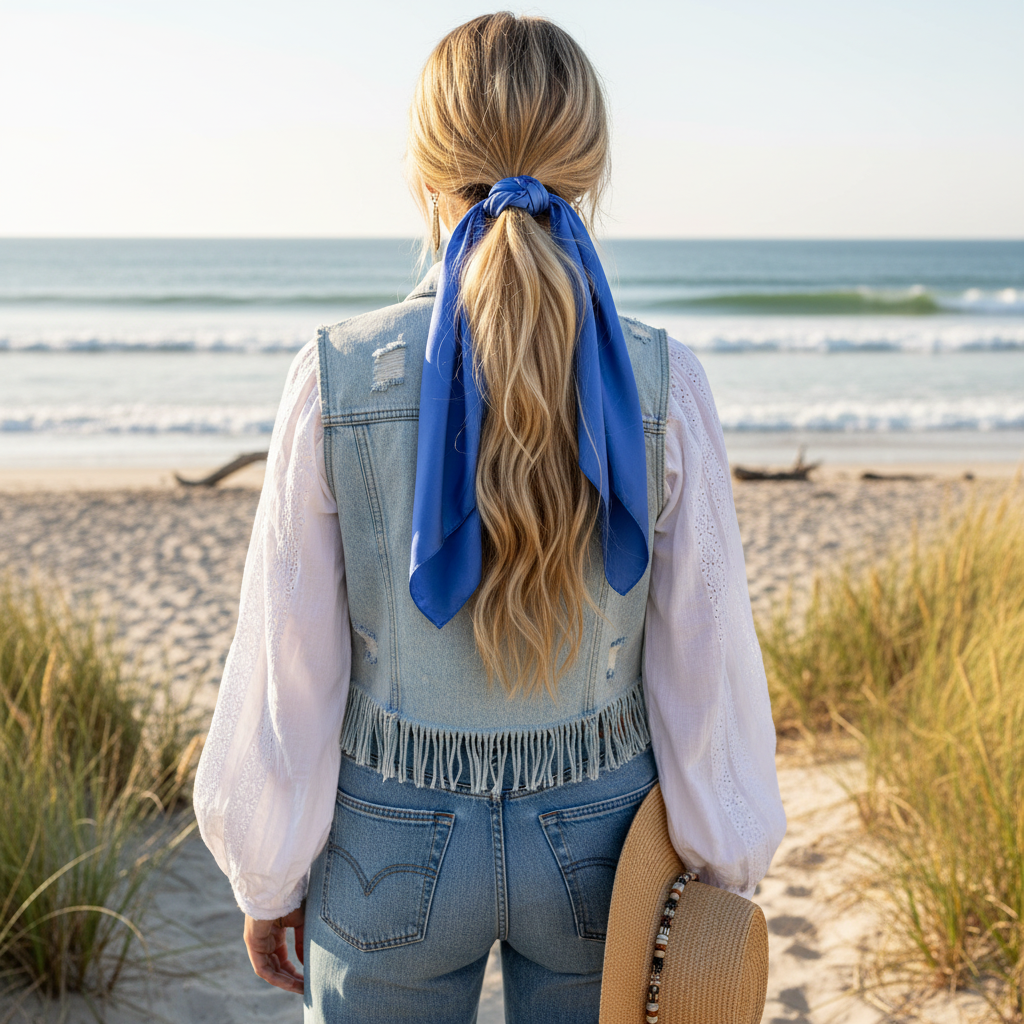 Blue satin scarf 19x19 tied at ponytail draping down