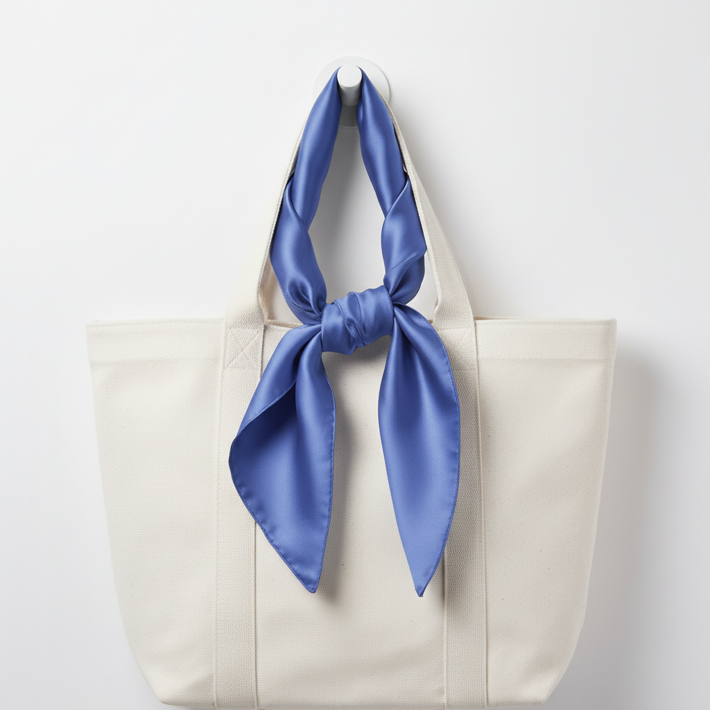 Blue satin scarf 19x19 tied on white purse draping down