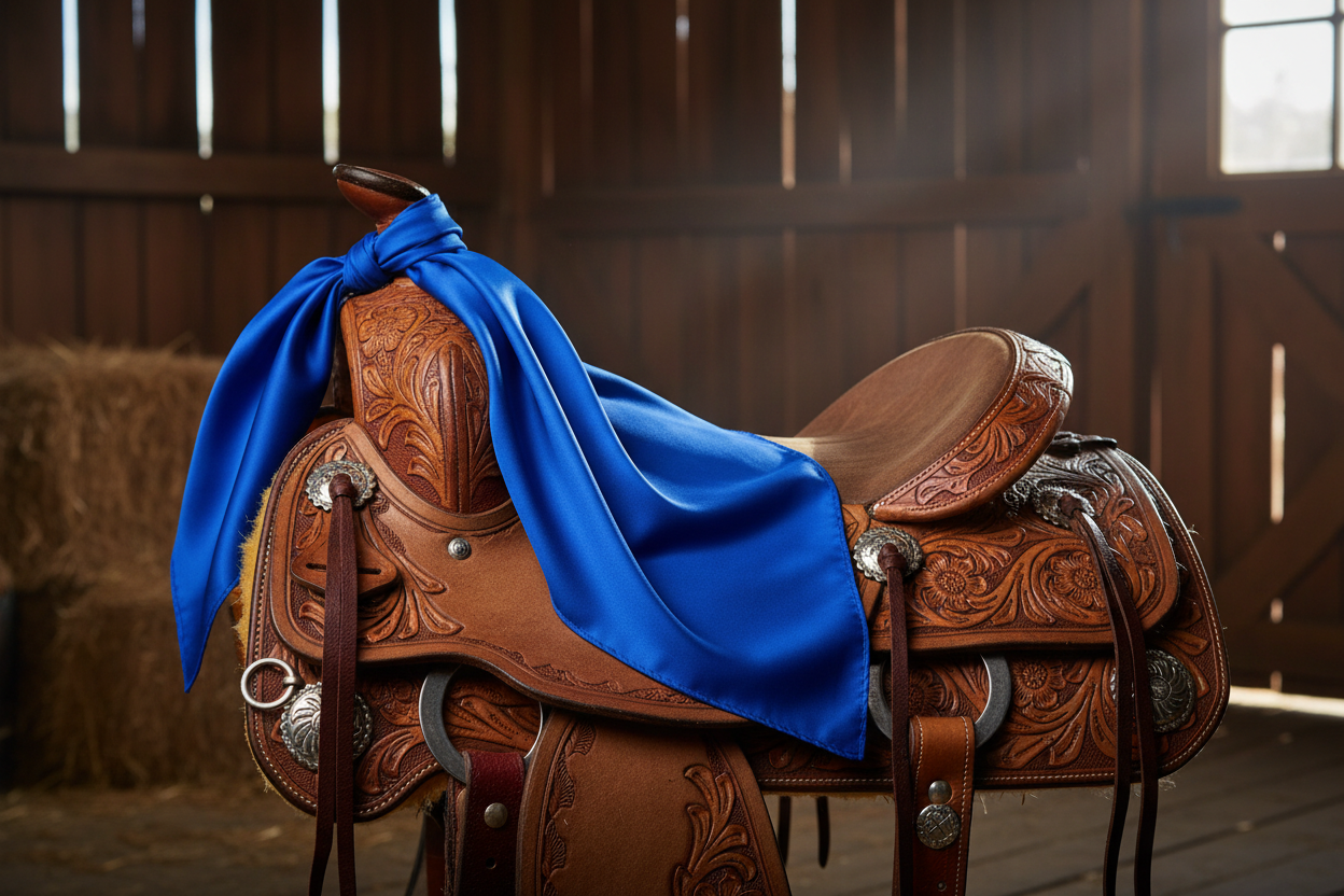 Blue wild rag 23x23 draped over western saddle with tack