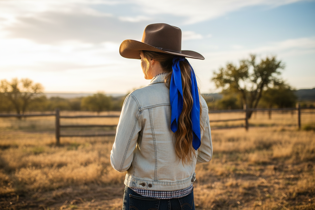 Blue wild rag 23x23 scarf styled as hair tie on cowgirl