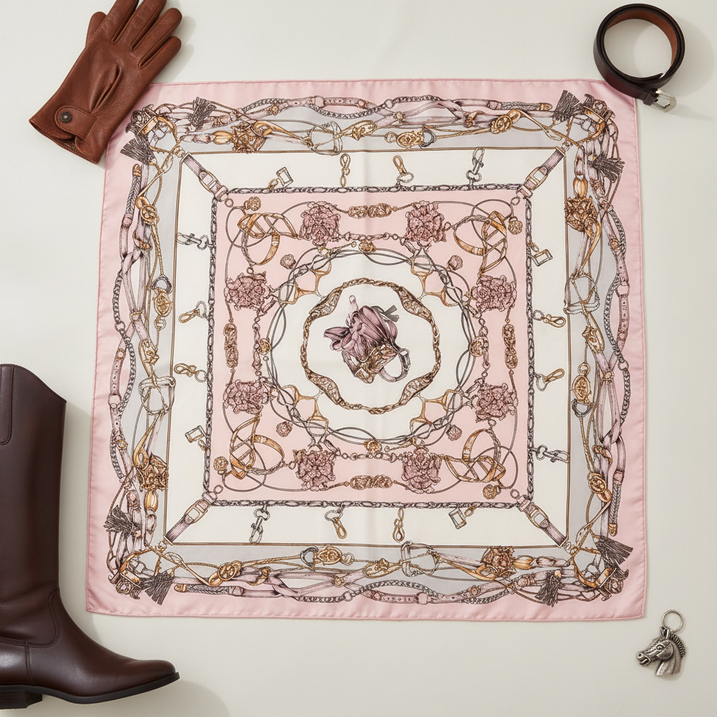 Blush equestrian-pattern scarf in a clean flat lay