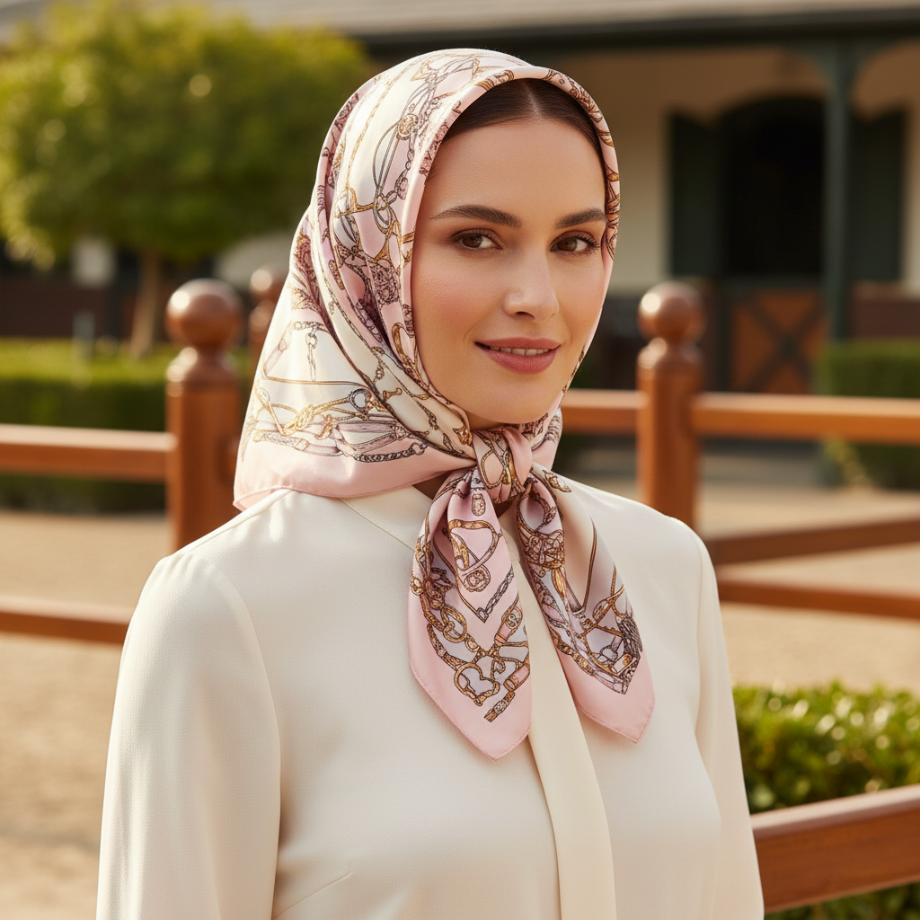 Blush equestrian-pattern scarf styled as a head scarf