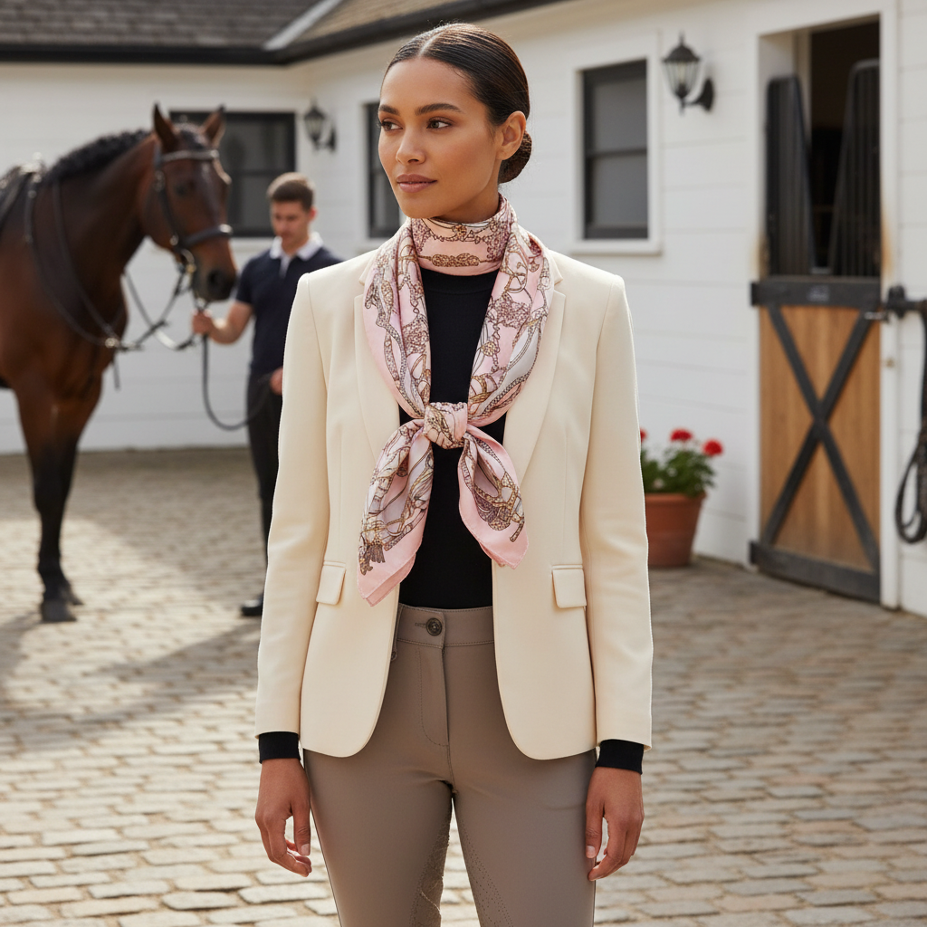 Blush equestrian-pattern scarf styled as a neck scarf