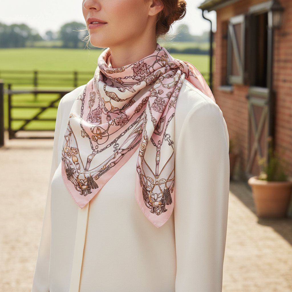 Blush equestrian-pattern scarf styled as a shoulder drape