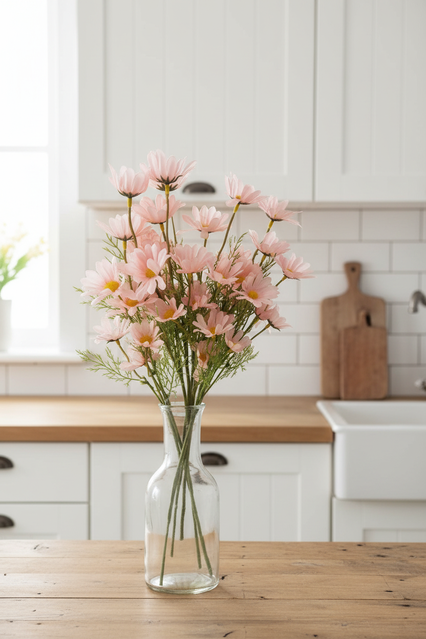 Blush pink faux daisy stems in clear glass vase - farmhouse kitchen decor
