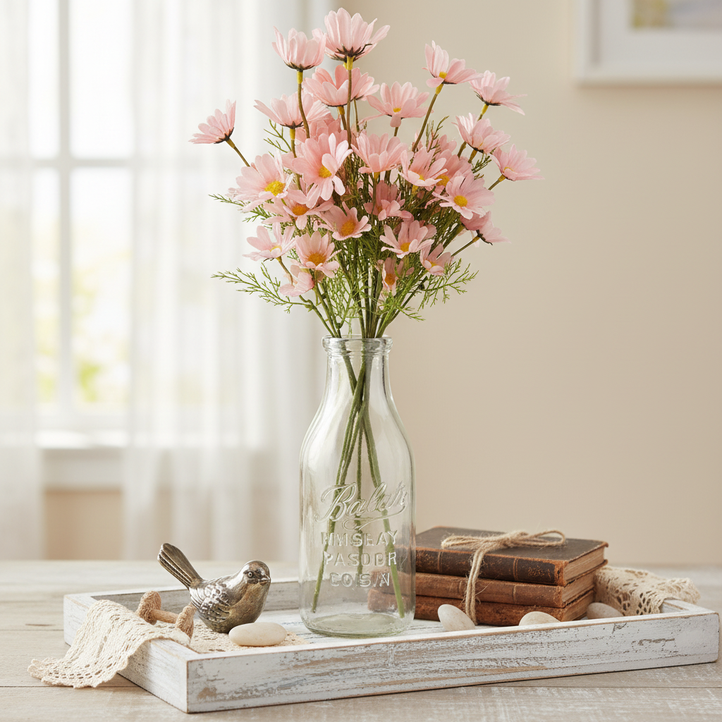 Blush pink faux daisy stems in vintage milk bottle - shabby chic farmhouse decor
