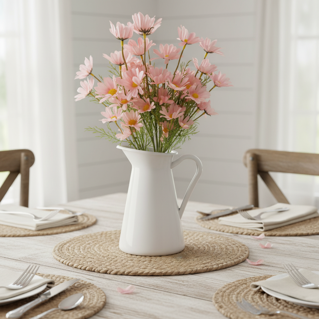 Blush pink artificial daisy bouquet in white ceramic pitcher - spring table centerpiece
