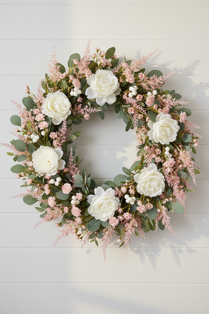 Blush Pink Spray Wreath — White Peonies Evenly Arranged