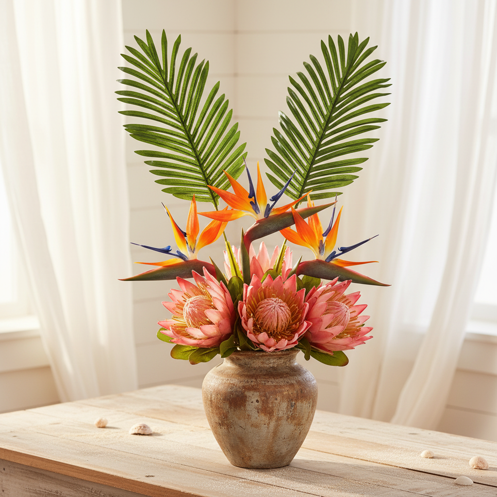 Boho tropical centerpiece with palm fronds, bird of paradise, and protea
