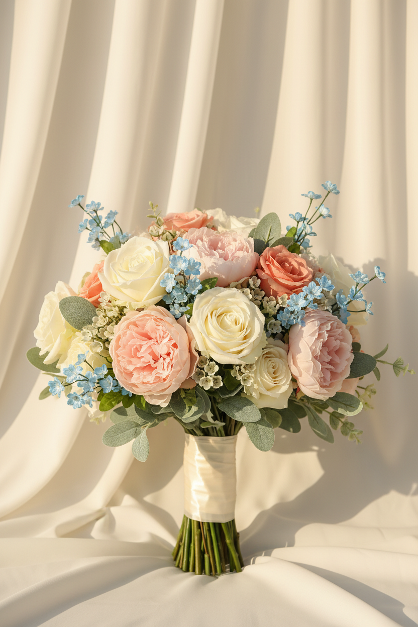 Bridal Bouquet — White Roses, Blush Peonies, Peach Roses, Blue Mini Blossom Accents