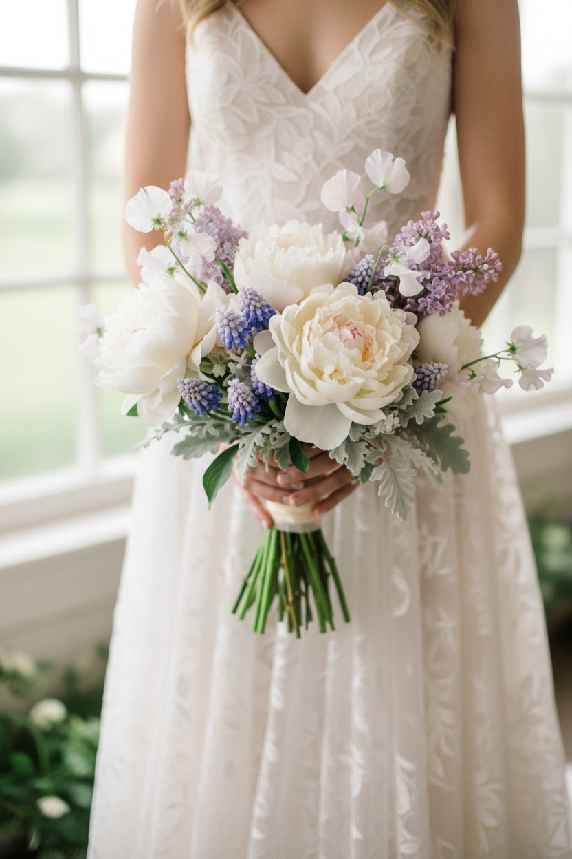 Bridal Bouquet with White Peonies and Grape Hyacinth