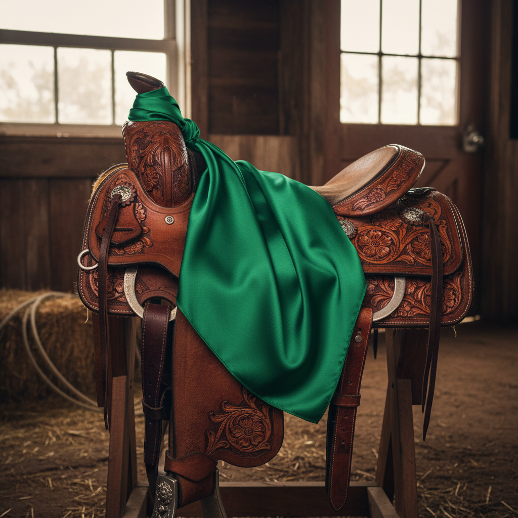 Bright green wild rag 23x23 draped over western saddle with tack