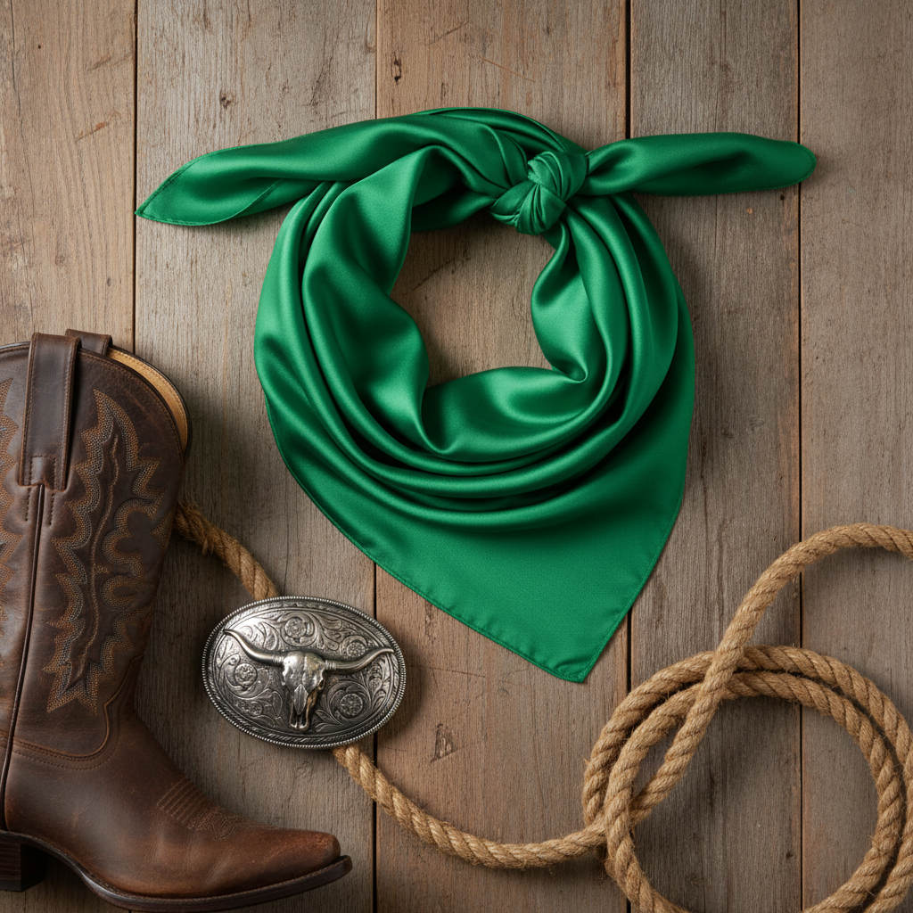Bright green wild rag 23x23 styled flat lay with western accessories