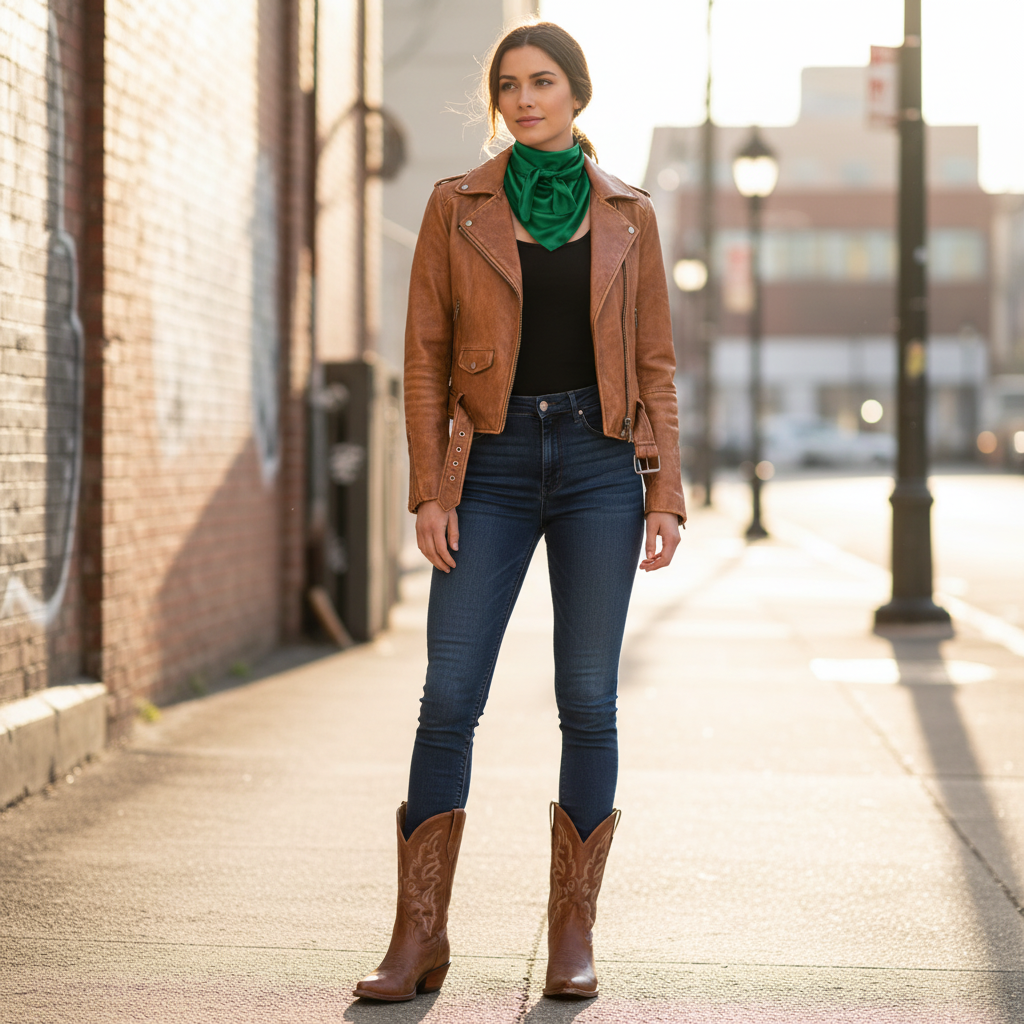 Bright green wild rag 23x23 styled with leather jacket and boots