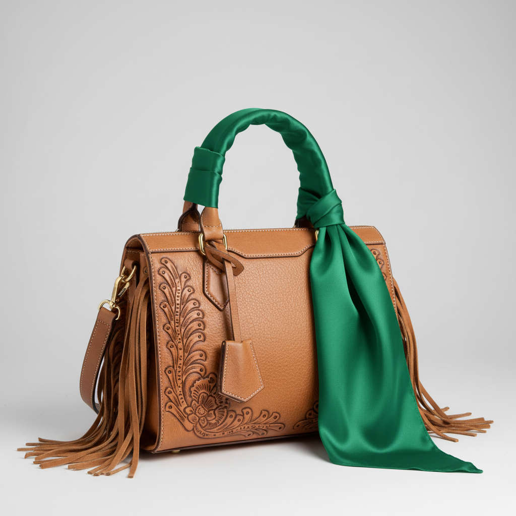 Bright green wild rag 23x23 tied on western leather purse