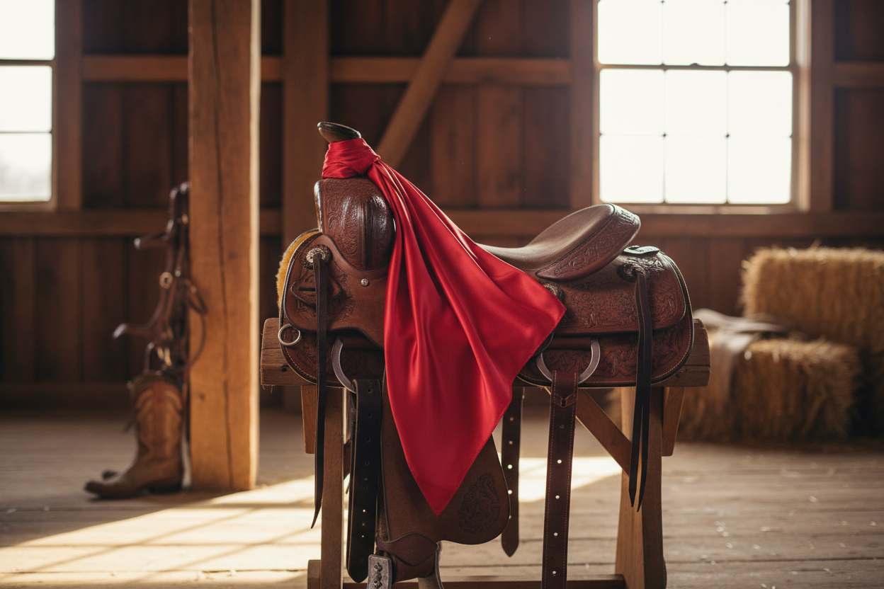 Bright red wild rag draped over western saddle in barn